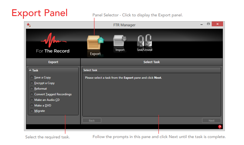 FTR Manager · Export Panel