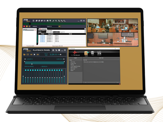 For The Record's courtroom suite: recorder, playback panel, and manager, each in its own window