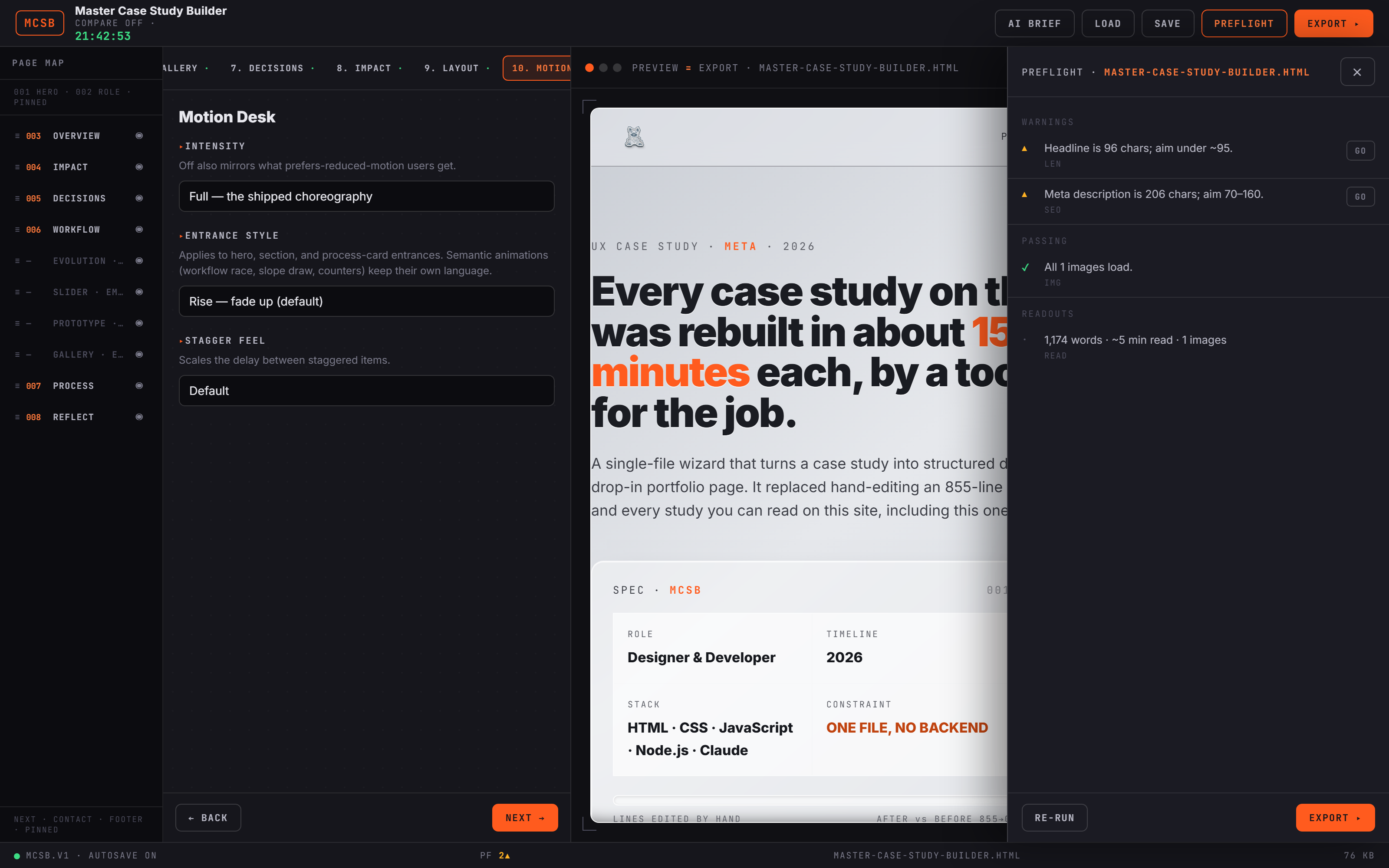 The preflight console open beside the preview, listing warnings, passing checks, and readouts