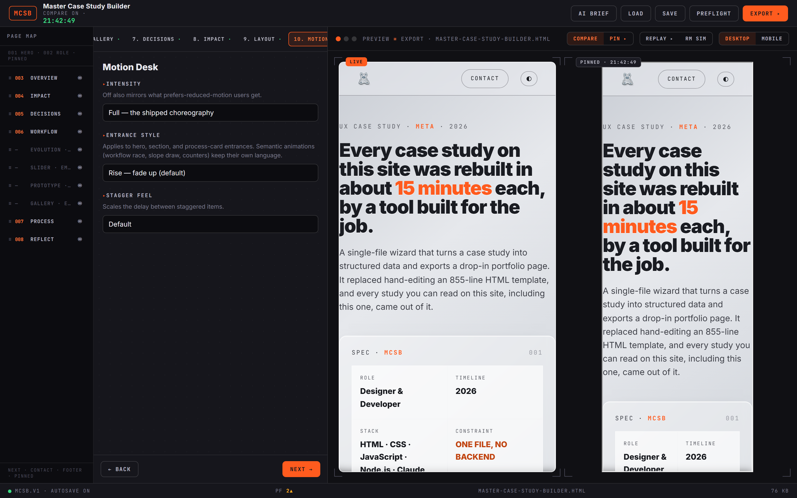 Compare mode: the live preview on the left, a pinned earlier version on the right