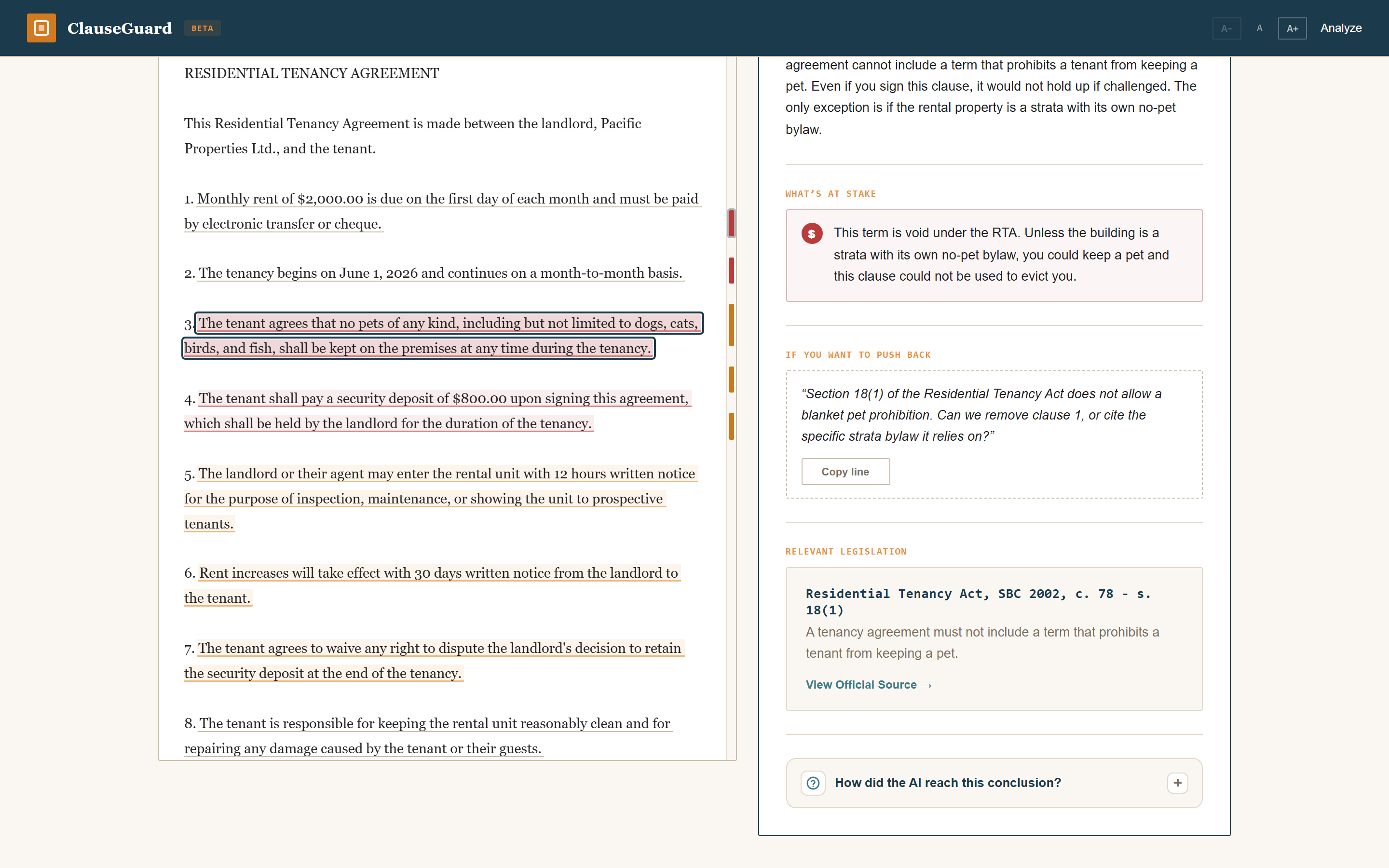Clause detail with stakes callout, copyable negotiation line, and legislation card