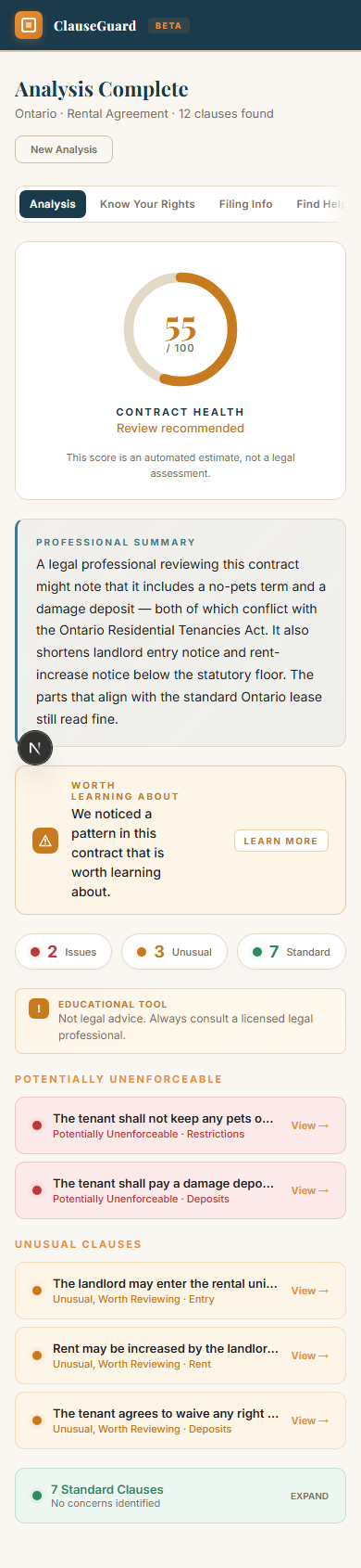 Ontario rental contract analysis on a mobile viewport