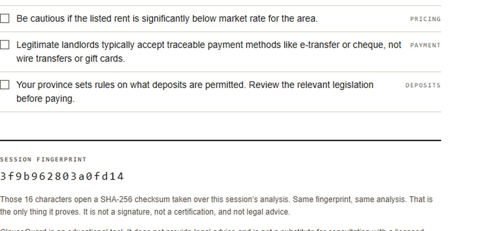 The report footer with a sixteen-character session fingerprint and the sentence saying what it proves