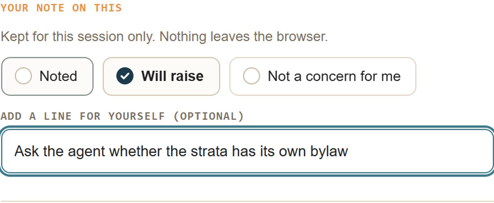 A finding with three radio options, Noted, Will raise and Not a concern for me, and a note field