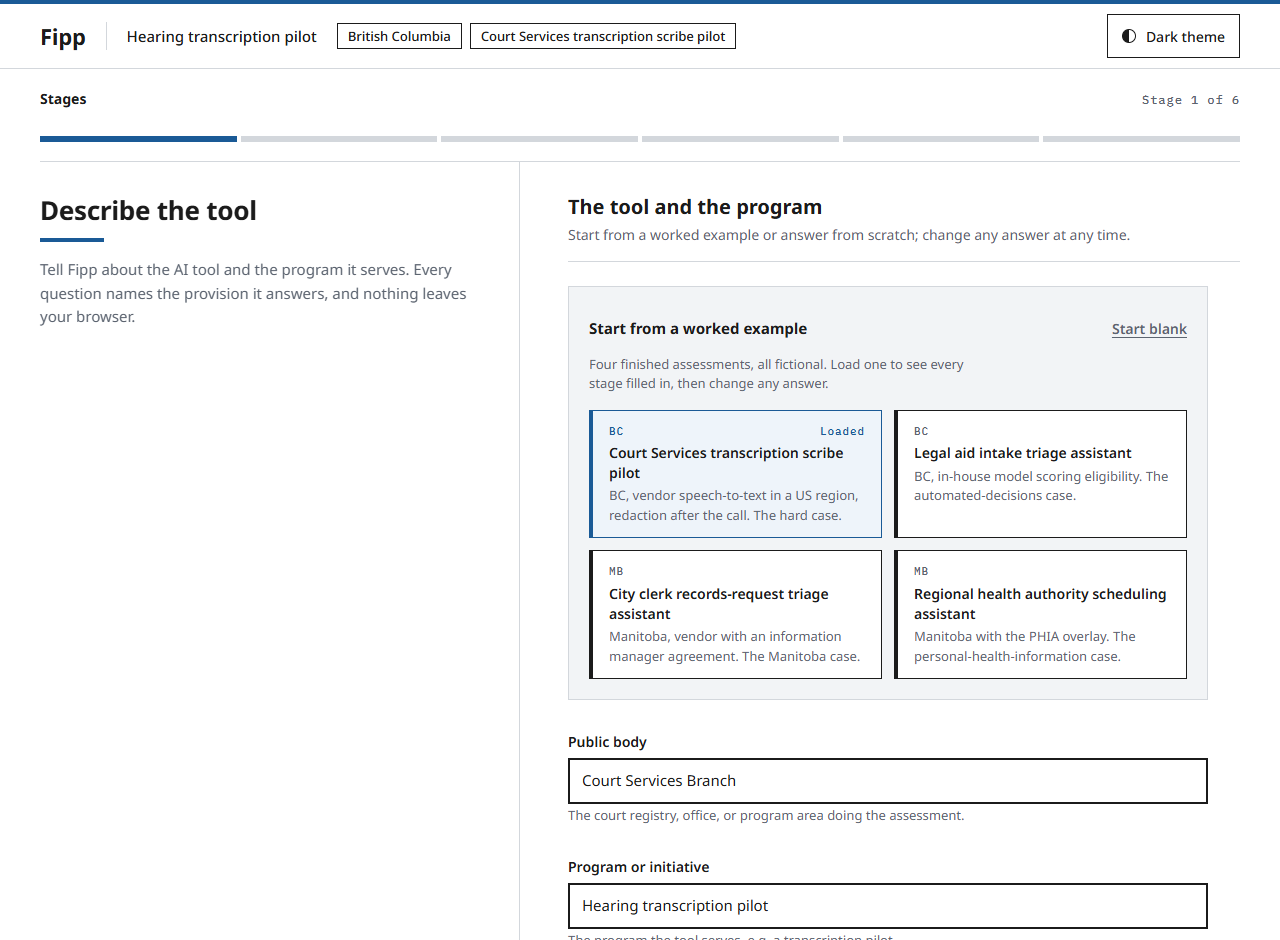 Stage 1 of Fipp with the Court Services transcription preset loaded: public body, program, and jurisdiction fields filled in