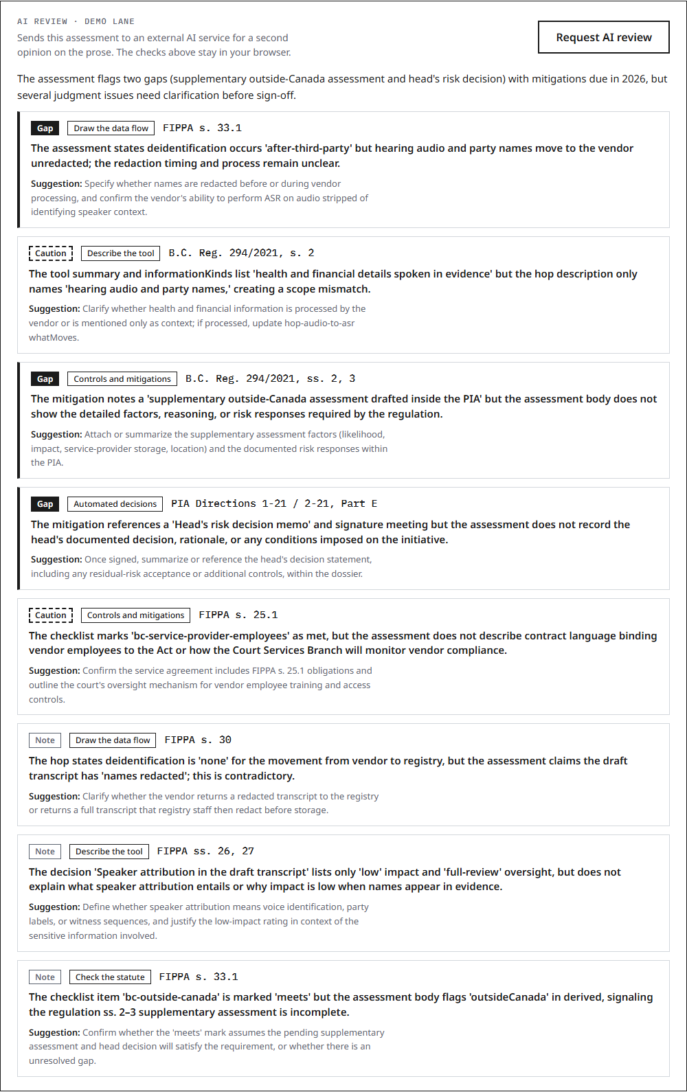 The AI review panel showing eight findings with severity tags and resolved citations