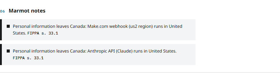 Two residency alerts on the Fipp self-assessment, both under FIPPA s. 33.1