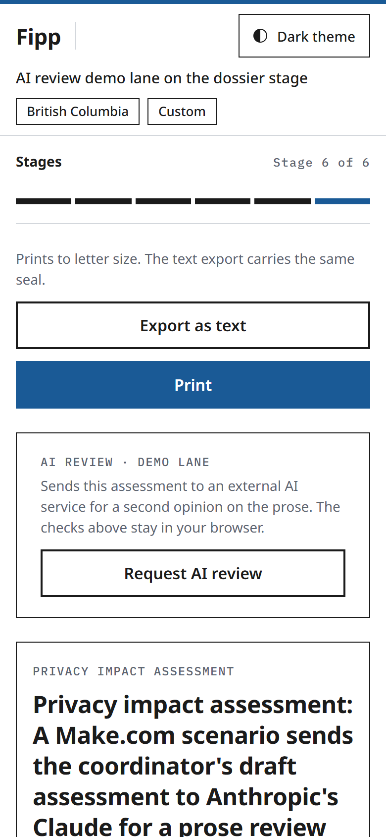 The Fipp dossier on a 390px mobile viewport
