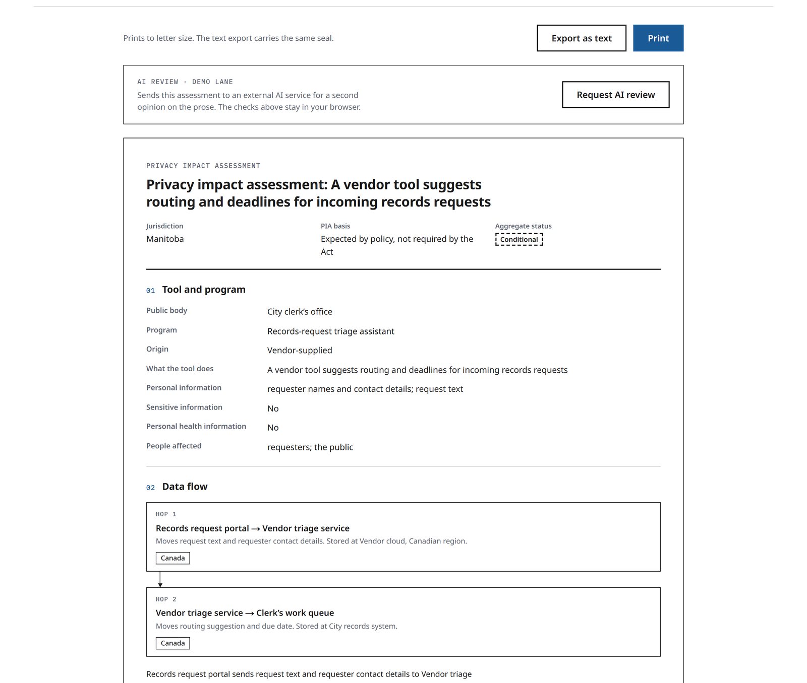 The Fipp dossier for the Manitoba example: privacy impact assessment for a vendor tool that suggests routing and deadlines for incoming records requests, jurisdiction Manitoba, PIA basis expected by policy, aggregate status conditional, tool and program details, two data-flow hops inside Canada and the residency posture under section 44.1
