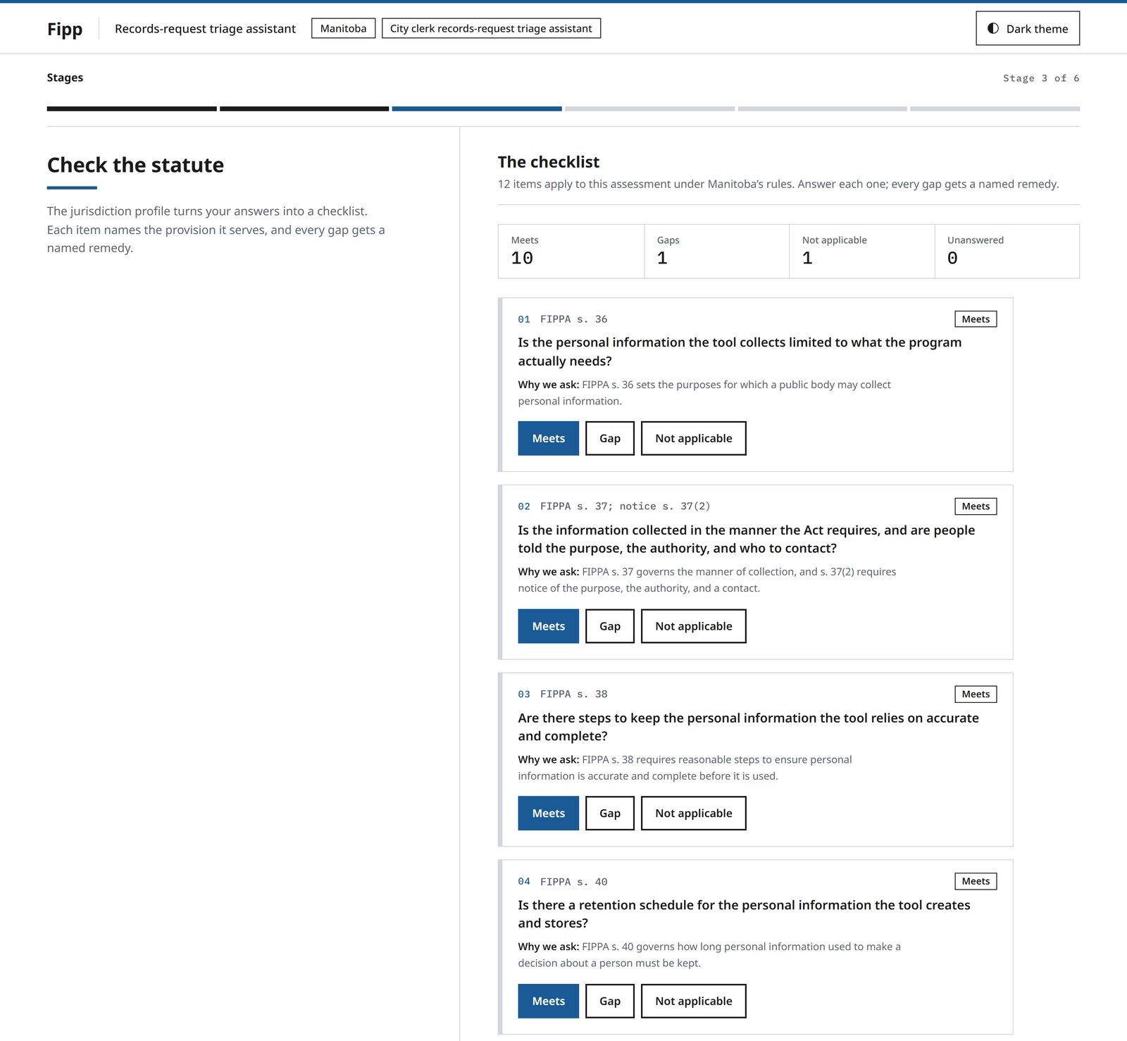 Fipp stage 3 for the Manitoba worked example, a city clerk records-request triage tool: the checklist header says twelve items apply under Manitoba rules, and the first items cite FIPPA sections 36, 37, 38 and 40 with a plain-language reason for each
