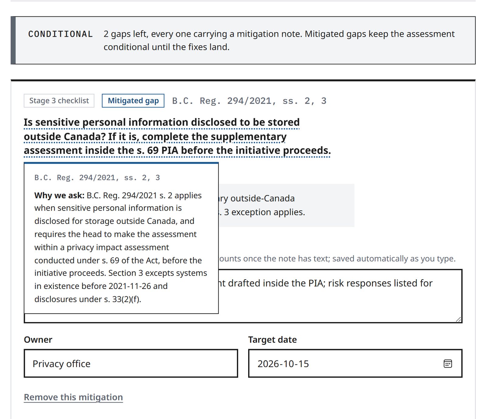 Stage 5 with a popover showing the citation and the why-we-ask sentence above a mitigation note