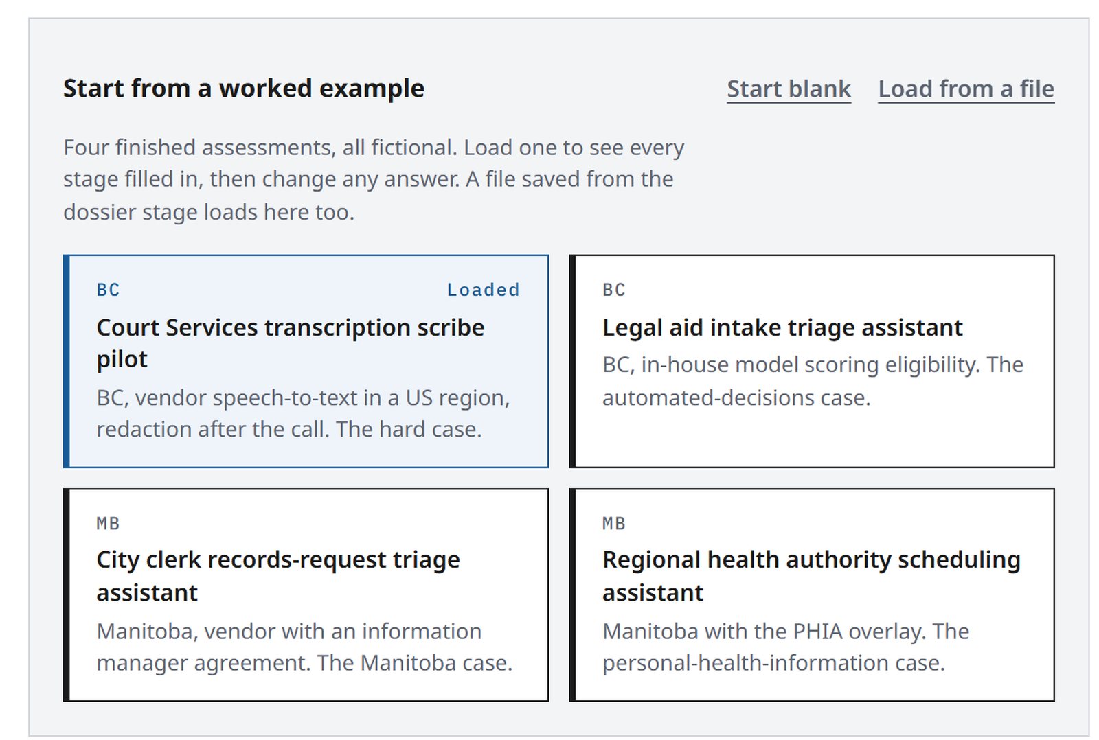 Stage 1 with a Load from a file control beside Start blank, and the four worked examples
