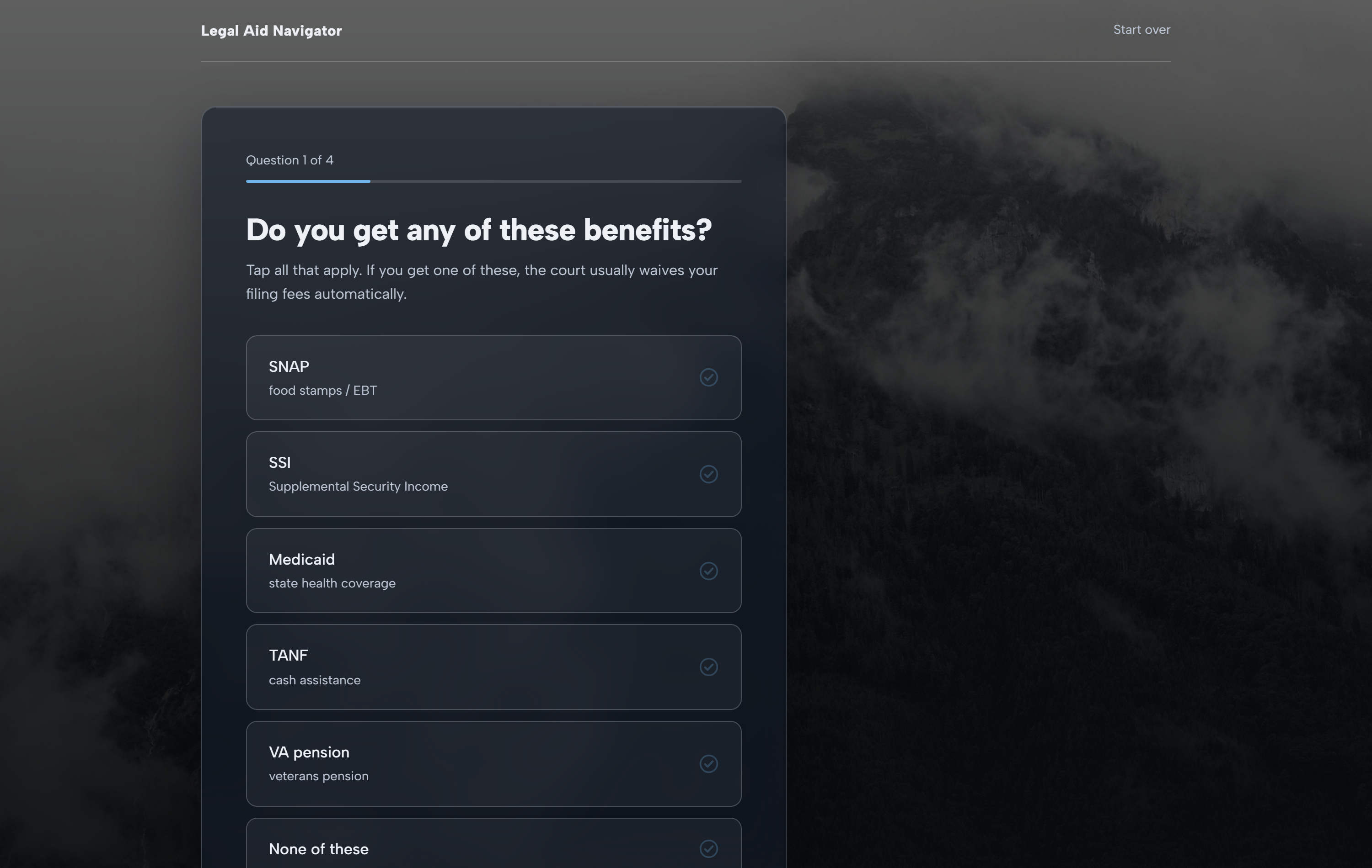 The benefits question with large tap targets for SNAP, SSI, Medicaid, TANF, and VA pension