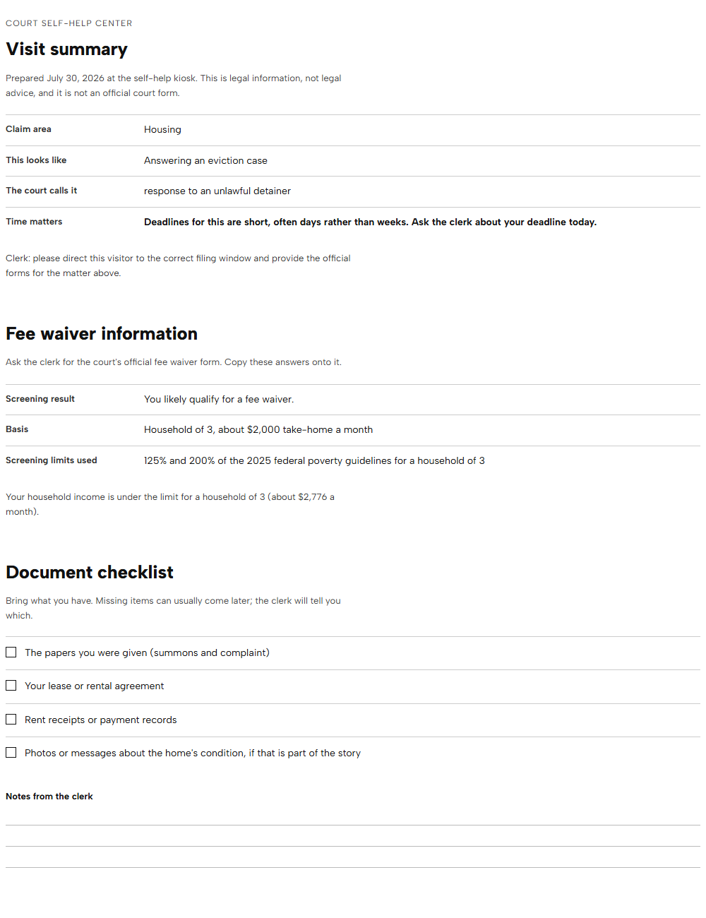 The print layout: black-on-white visit summary, fee waiver information, and a checklist with tickable boxes