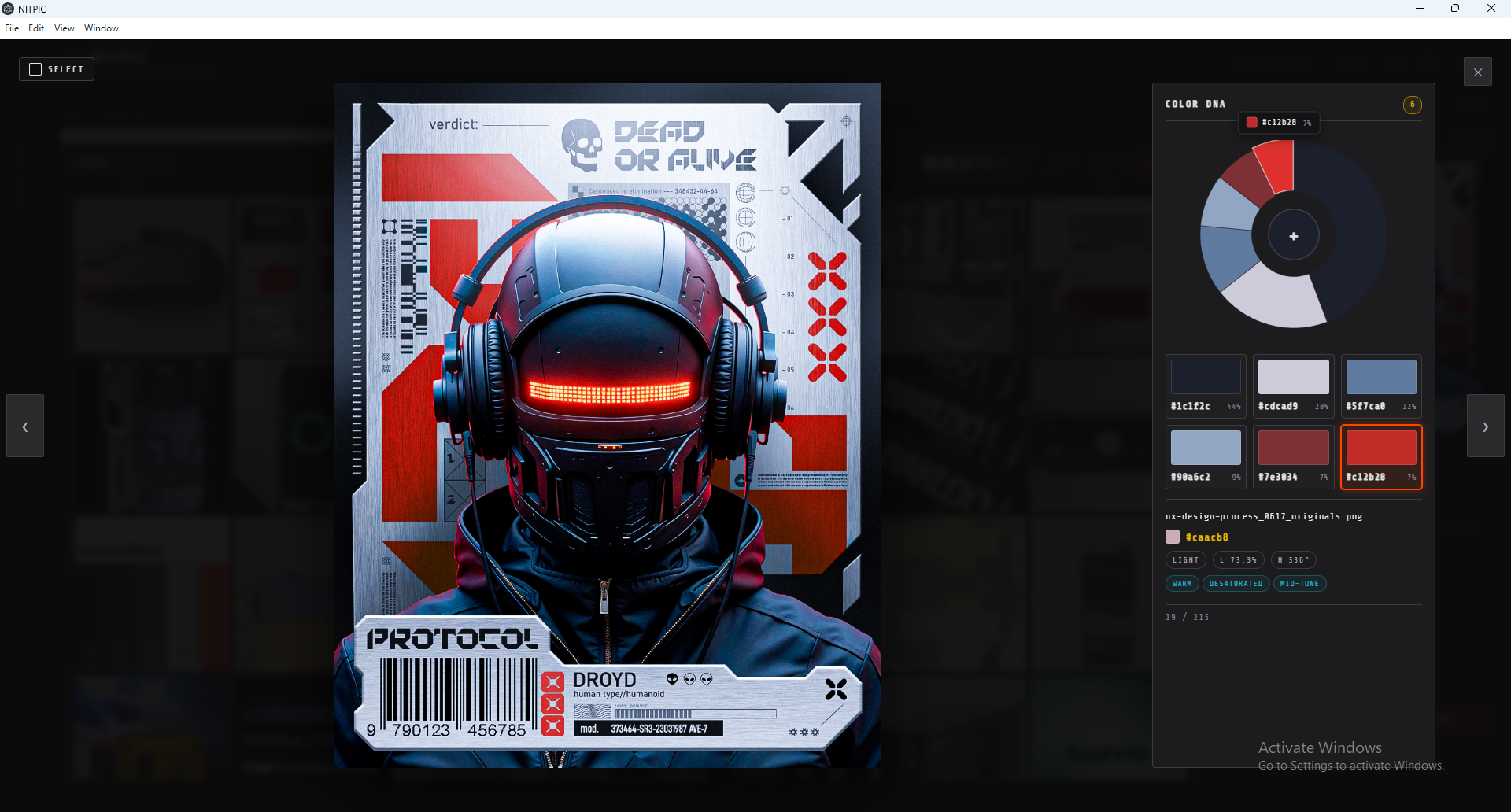 Nitpic in fullscreen Color DNA mode, showing a cyberpunk reference image alongside its proportional color wheel and ranked hex stack.
