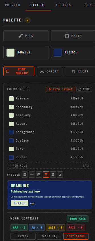 PALETTE tab with color roles and live mockup