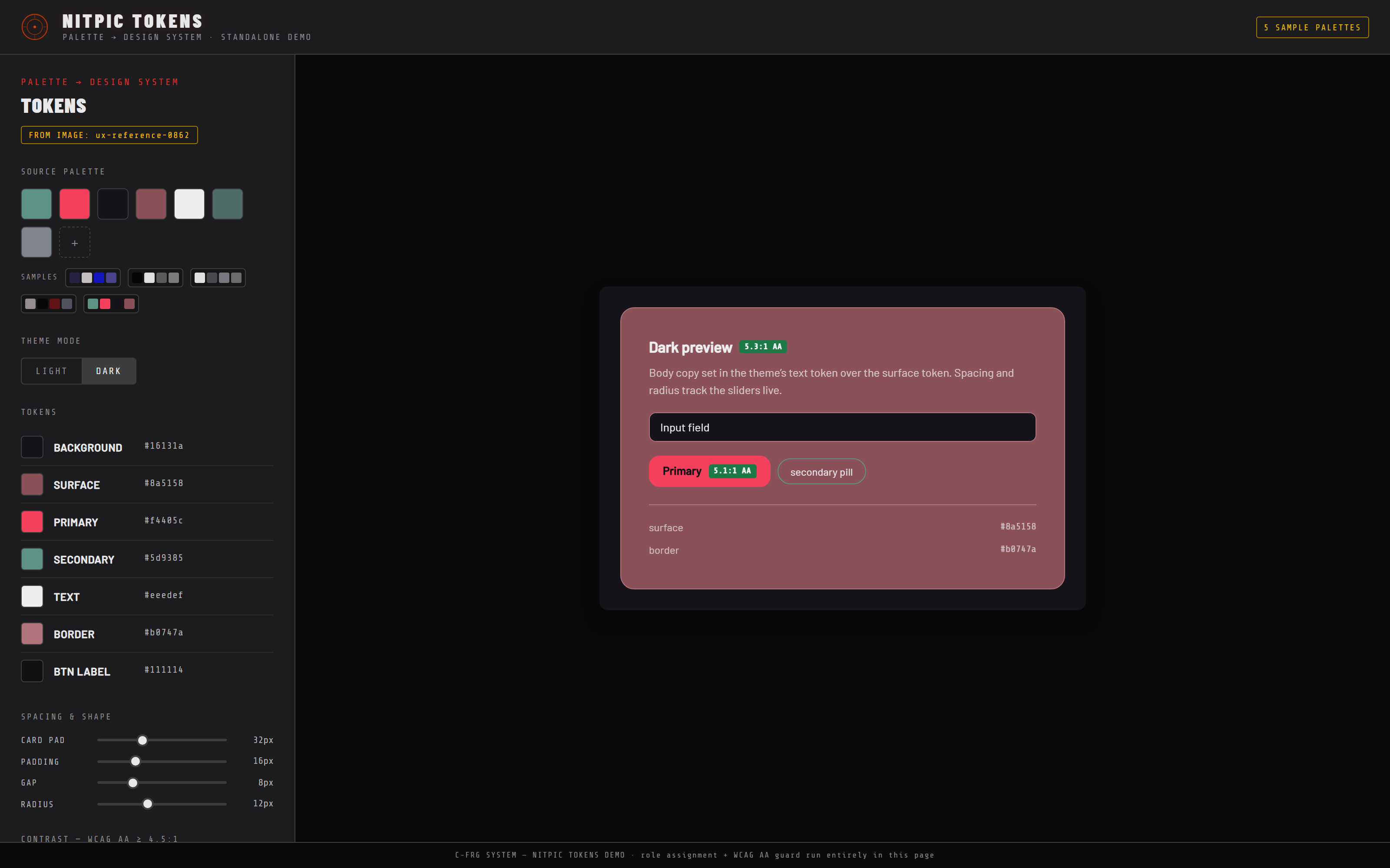 The Tokens view in dark mode: source palette, assigned roles with AA badges, live preview card