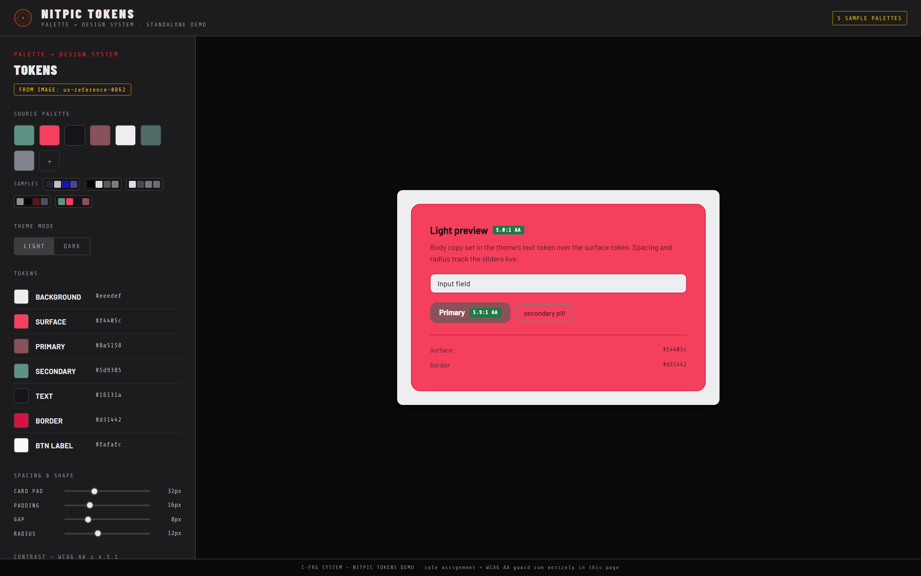 The Tokens view in light mode with the same palette